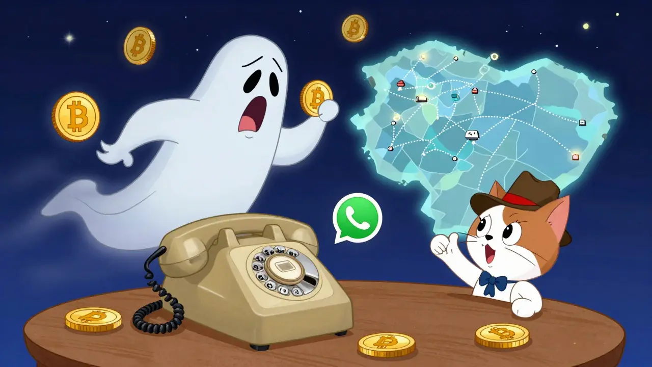 A family celebrates a crypto remittance on an old phone while a Western Union ghost fades away.