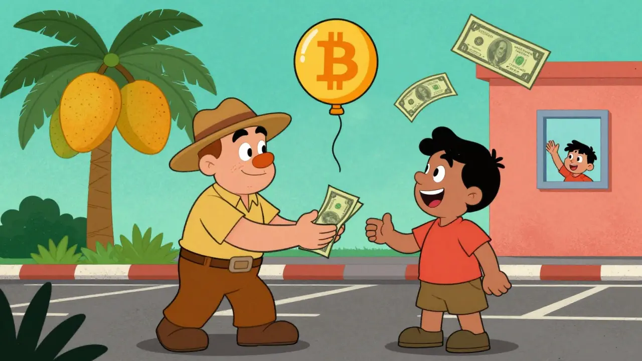 A farmer gives cash for Bitcoin in a parking lot as his son waves from an airplane.