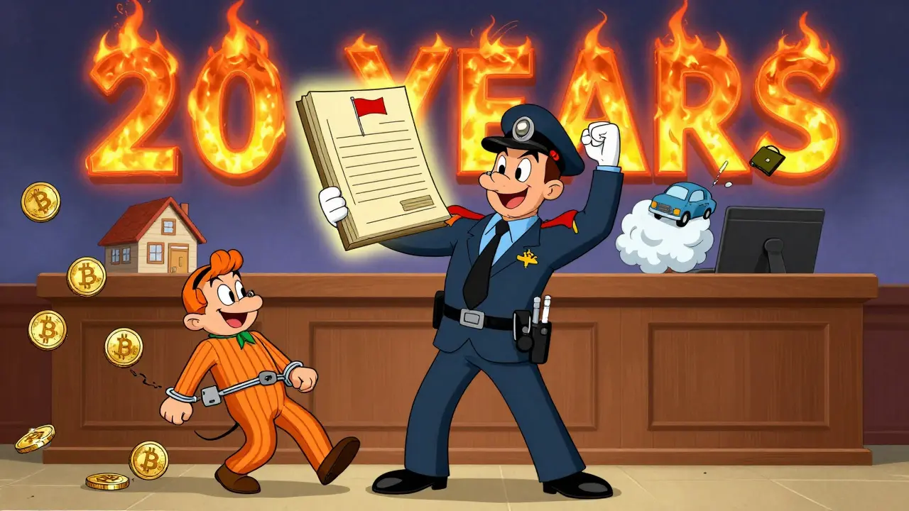 A federal agent stands in court as a convicted fraudster is dragged away with crypto coins as handcuffs.