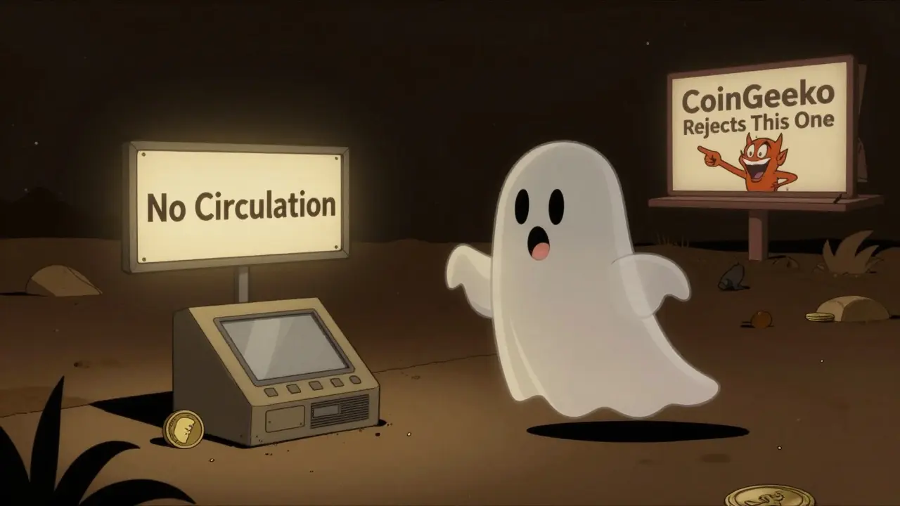 A ghostly MARMAJ token drifts through a dead crypto landscape with a 'No Circulation' sign.