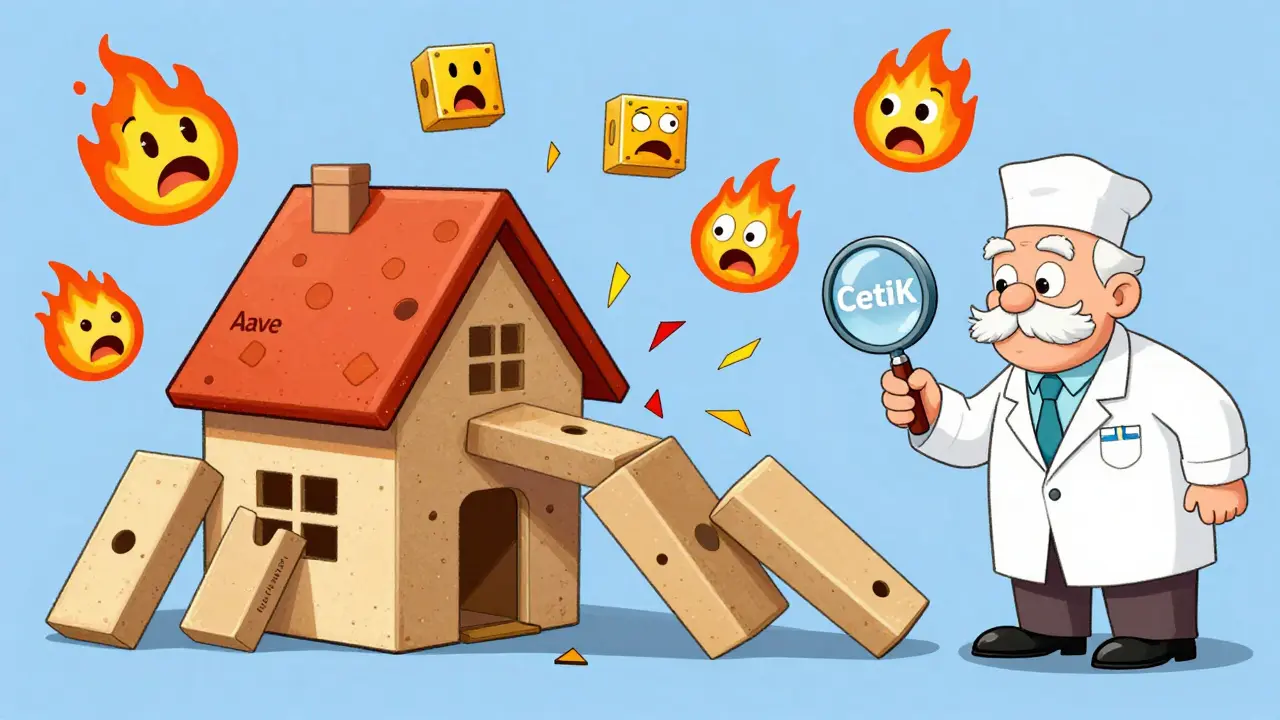 A house of blockchain cards collapsing in a funny cartoon disaster, with an auditor stopping the chaos.