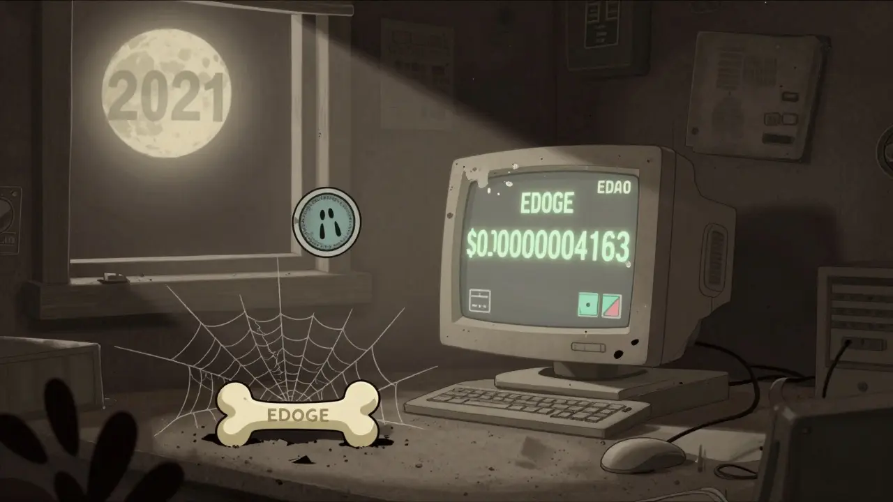 A lonely EDOGE token lies buried in a dark digital graveyard, with a faint ghostly EDAO token above a glowing outdated price display.