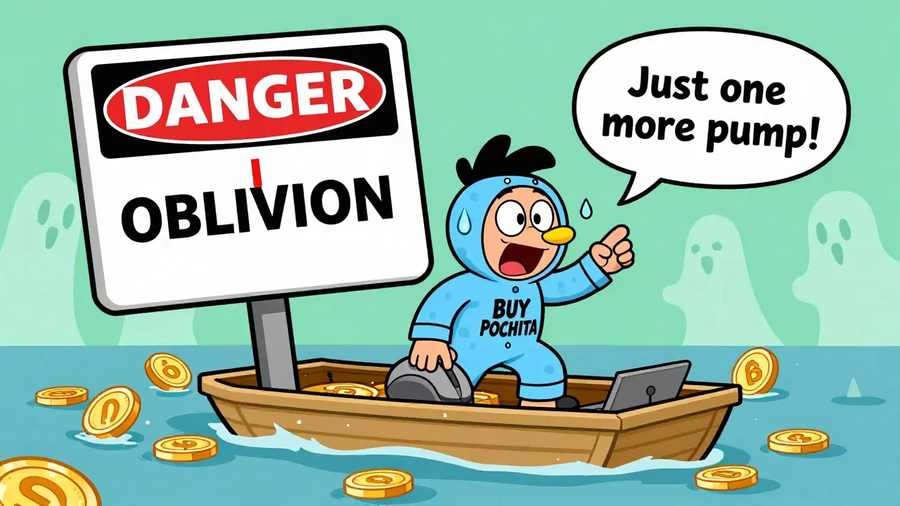 A pajama-clad trader frantically clicking 'BUY POCHITA' as crypto values collapse around them.