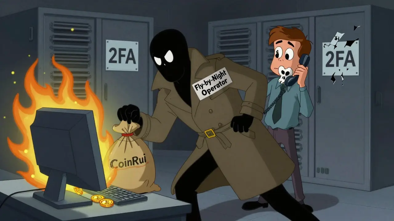 A sneaky figure stealing crypto coins as a confused user tries to call a skull-shaped phone.