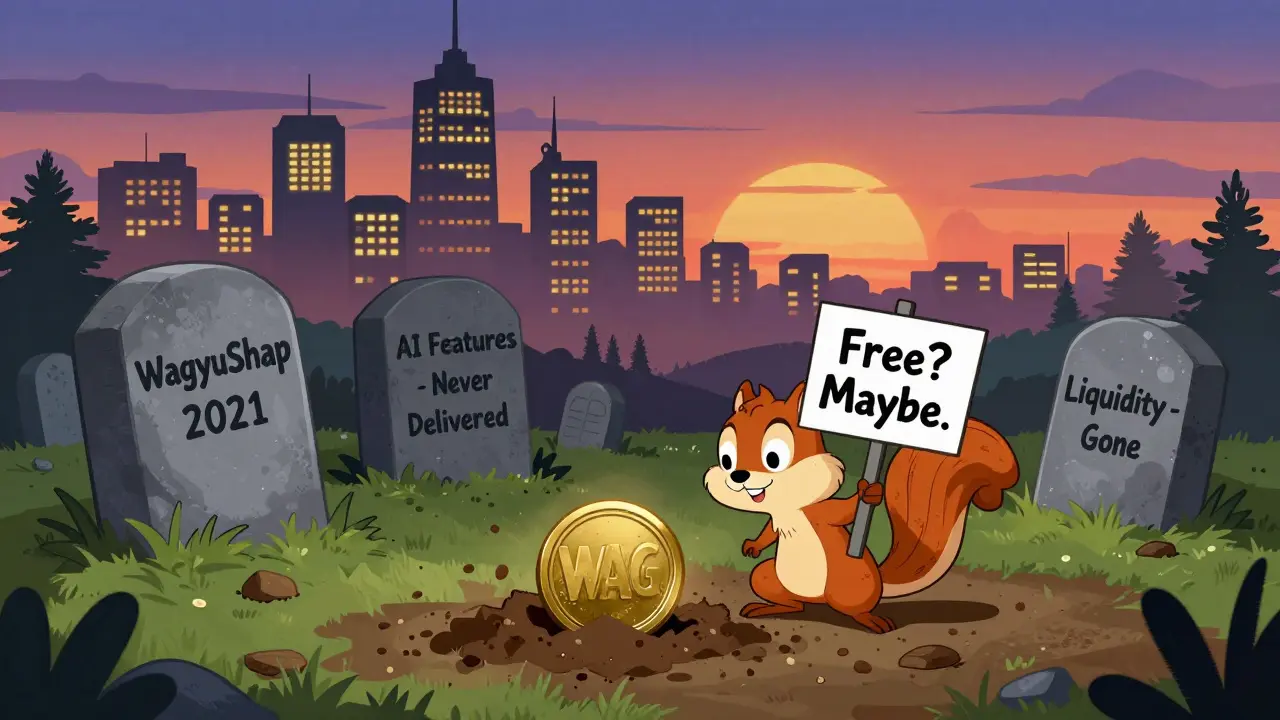A squirrel digs up a WAG token from a graveyard of failed DeFi projects under distant thriving exchanges.