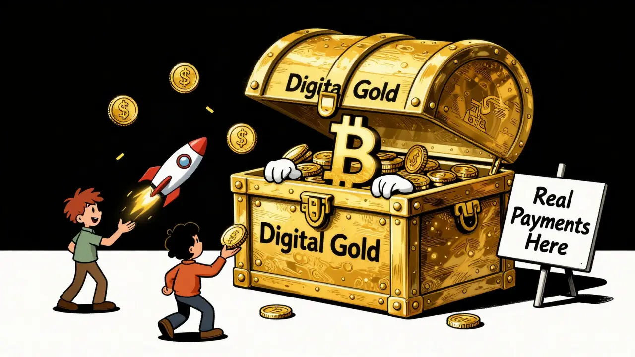 A treasure chest labeled 'Digital Gold' sits unused while fast digital dollars zip past for everyday payments.