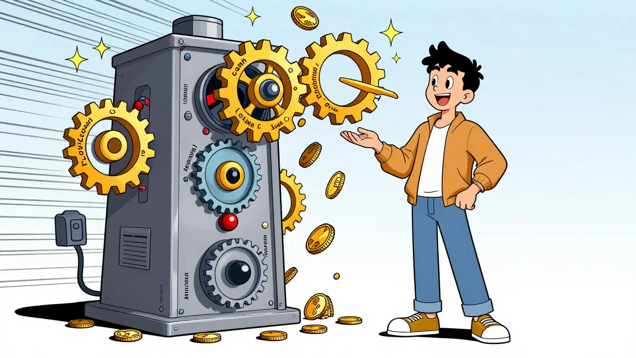 A user beside a wild Rube Goldberg-style DeFi machine with spinning gears and raining coins in cartoon style.