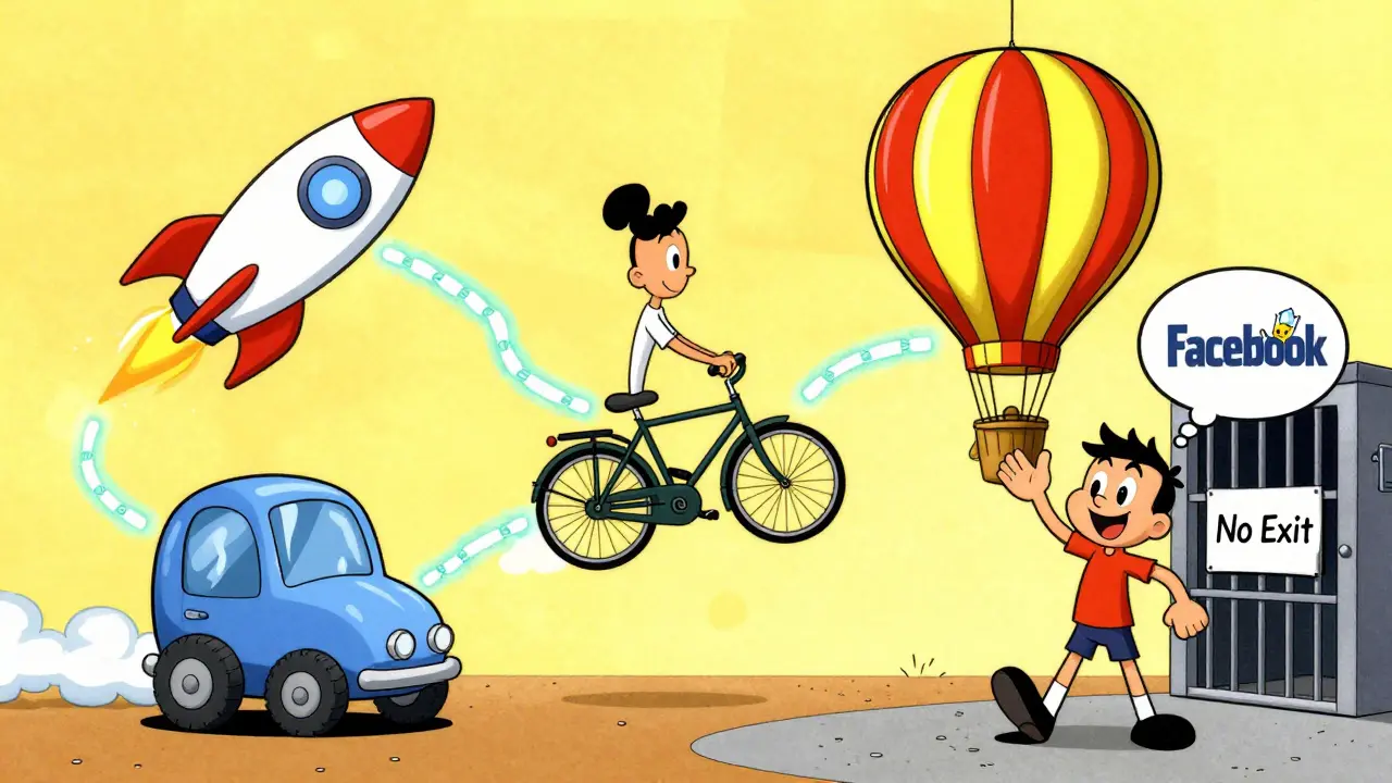 A user swaps between three cartoon social apps connected by a glowing blockchain trail, leaving a locked-in Facebook jail.