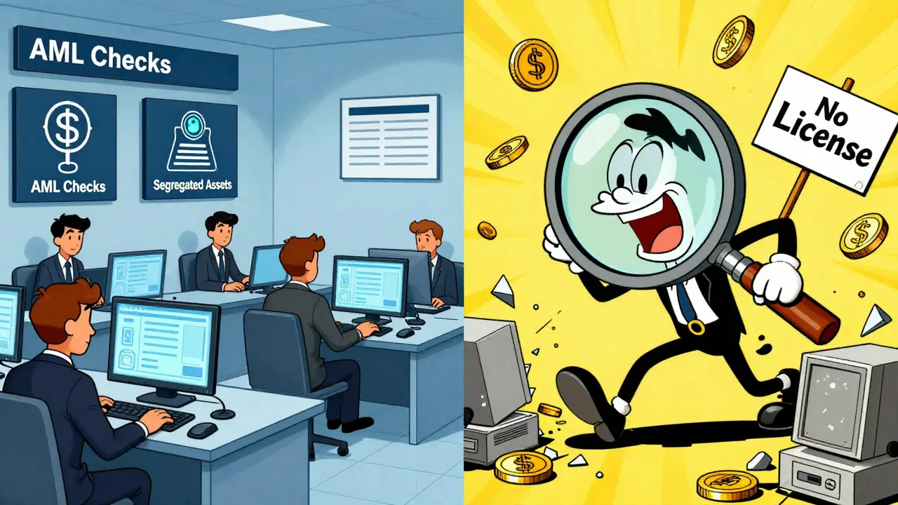 A well-organized crypto firm contrasts with a chaotic unlicensed startup being chased by an FCA magnifying glass.