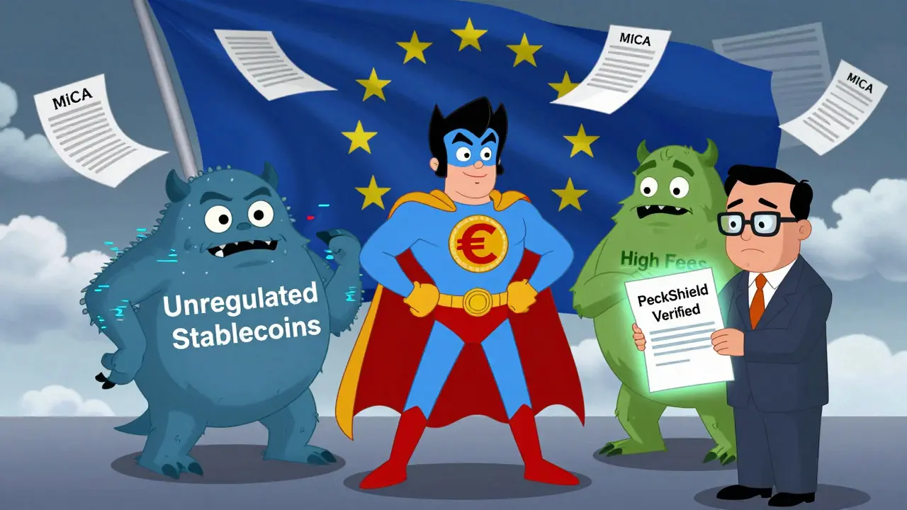 AEUR superhero defeating chaotic crypto monsters with an audit report in a European-themed scene.