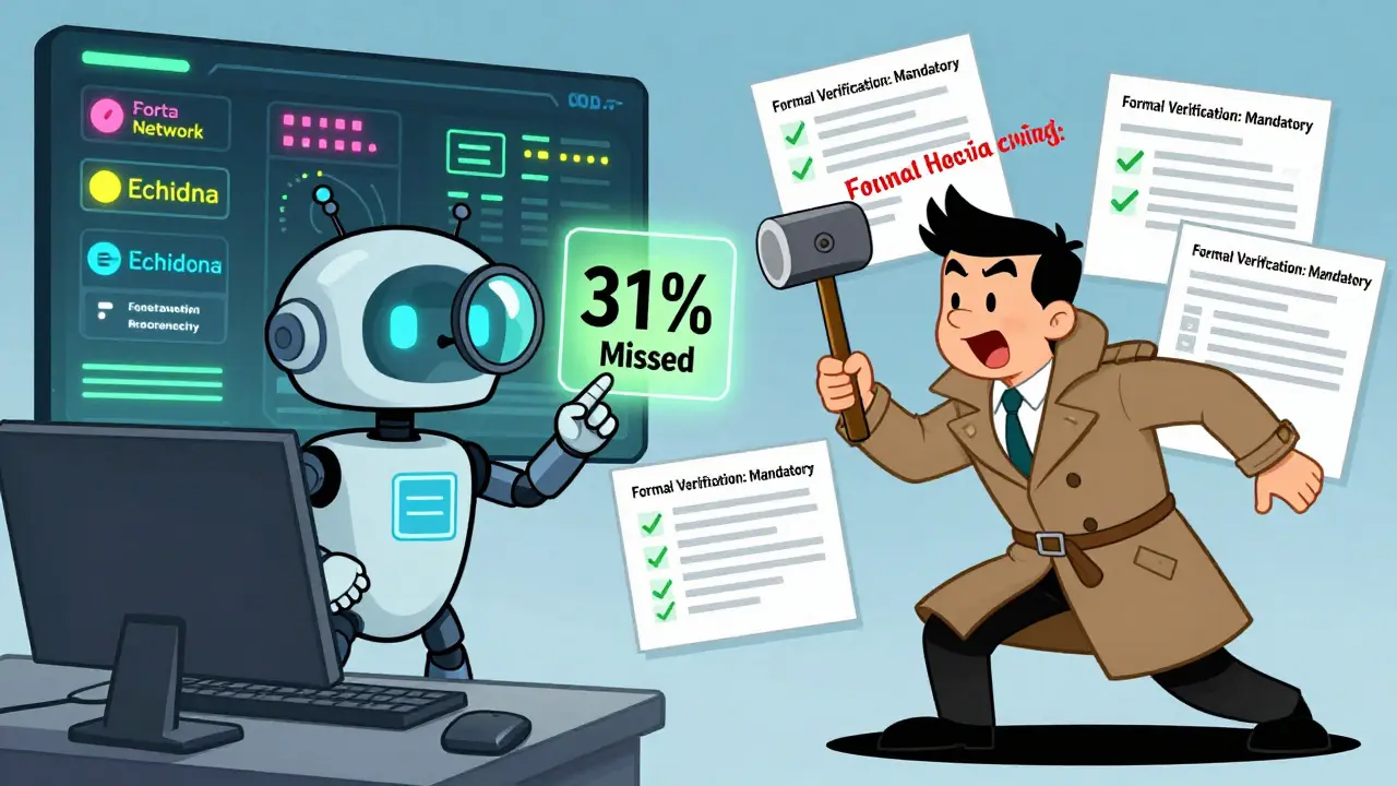 An AI robot and human auditor confronting a smart contract exploit on a security dashboard.