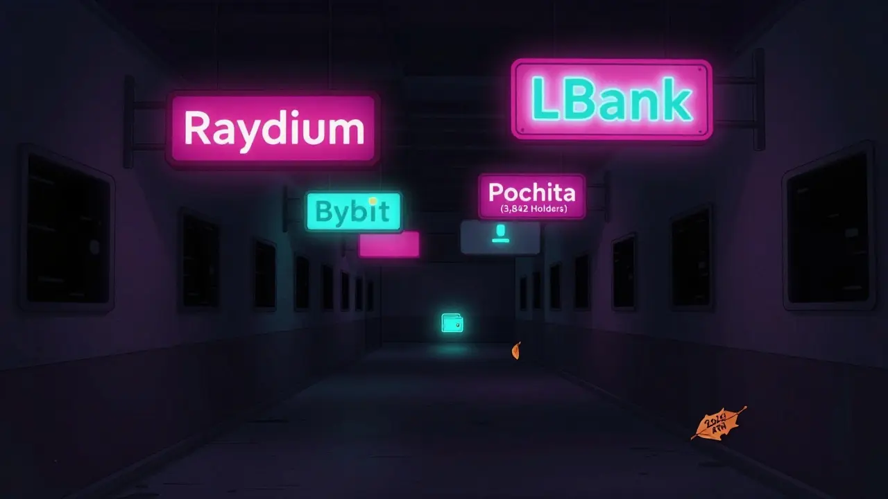 An empty crypto exchange hallway with only one faint Pochita wallet icon glowing in the dark.