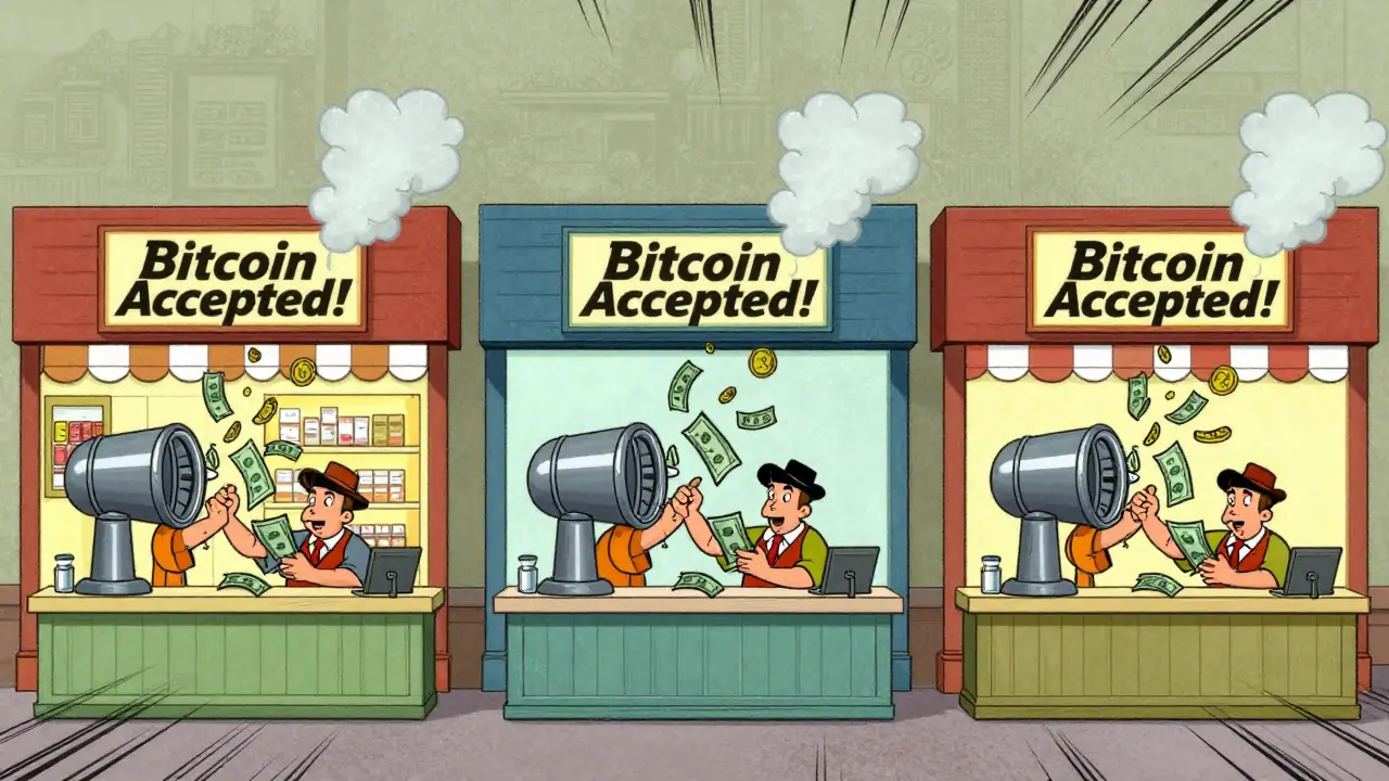 Businesses convert Bitcoin to dollars using comical hand-crank machines, coins vanishing as bills pour out.