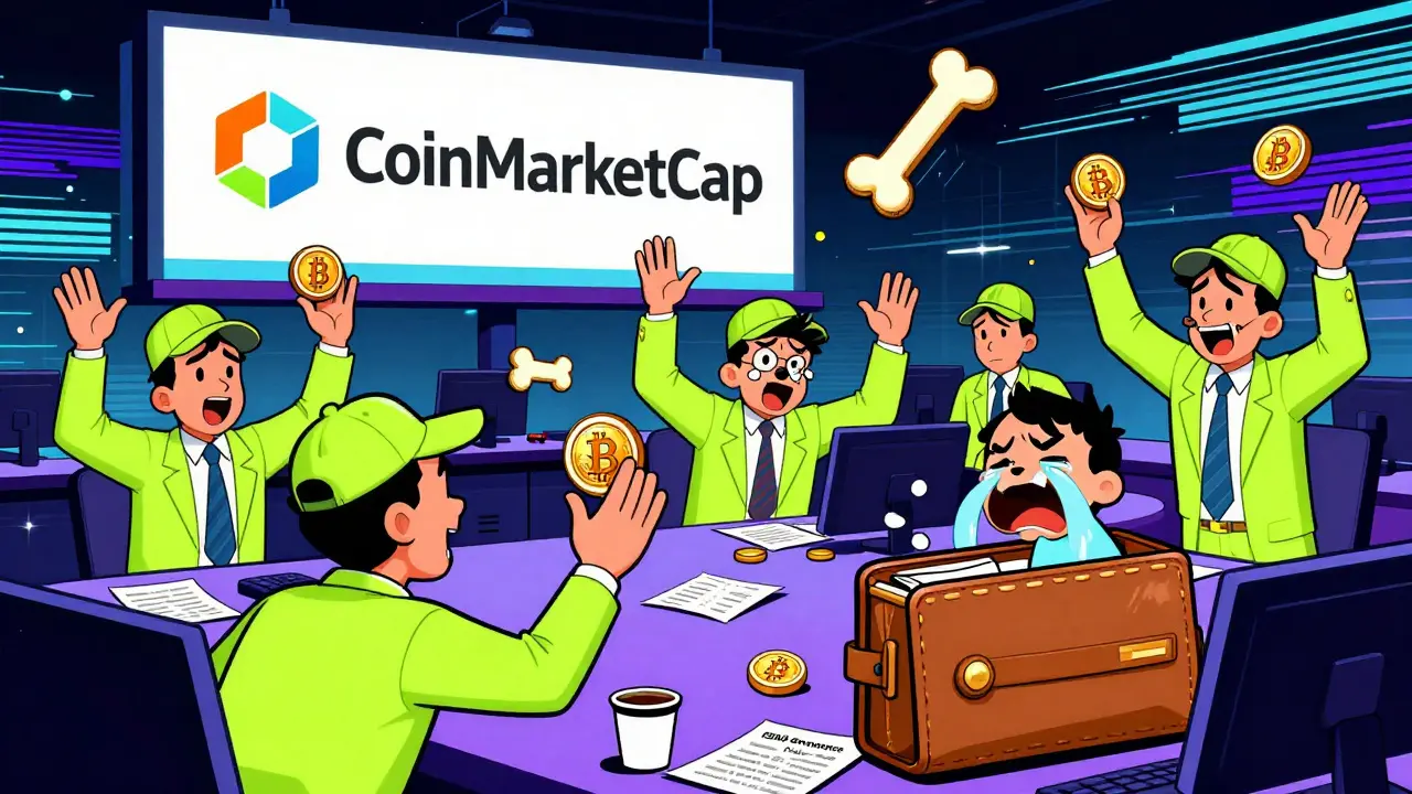 Chaotic cartoon traders in neon suits wave dog-bone tokens on a fading crypto trading floor under a dimming CoinMarketCap sign.