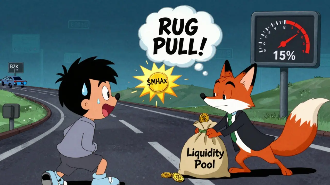 Character watching a token explode as a fox steals liquidity, cartoon-style rug pull.