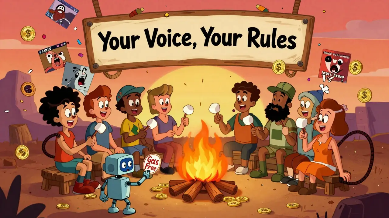 Creators gather around a crypto token campfire, with a sign saying 'Your Voice, Your Rules' floating above.