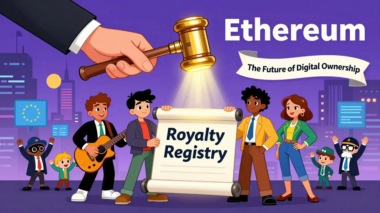 Creators holding a glowing Royalty Registry scroll as a giant hammer labeled 'Mandatory Royalties' descends from the sky.