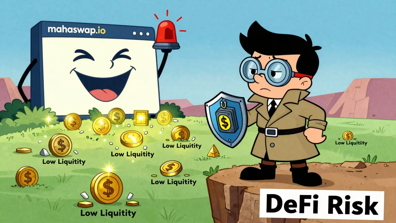 Hero with hardware wallet standing guard against crumbling tokens and fake website.