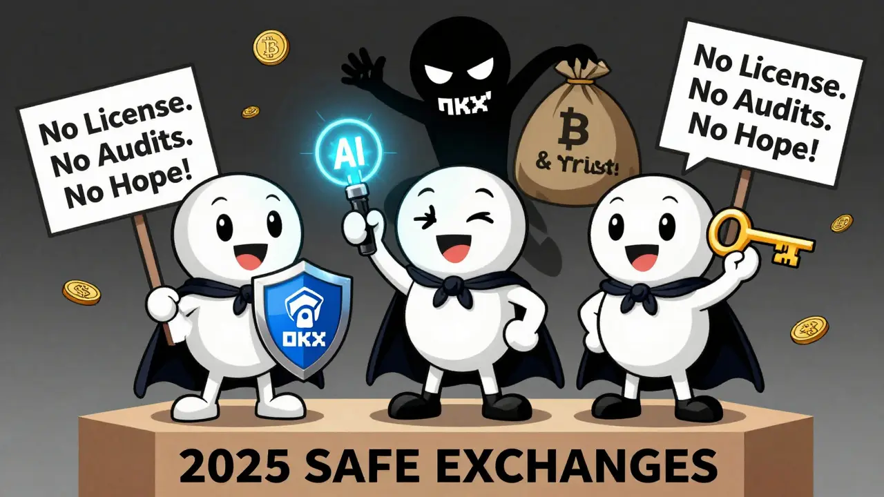 Heroic crypto exchanges OKX, Bybit, and Coinbase stand tall against shadowy Vexchange scammer.