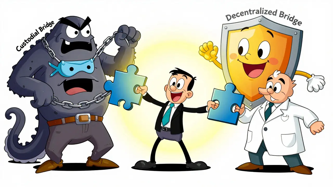 Three characters holding encrypted key fragments while a bridge monster tries to steal them.