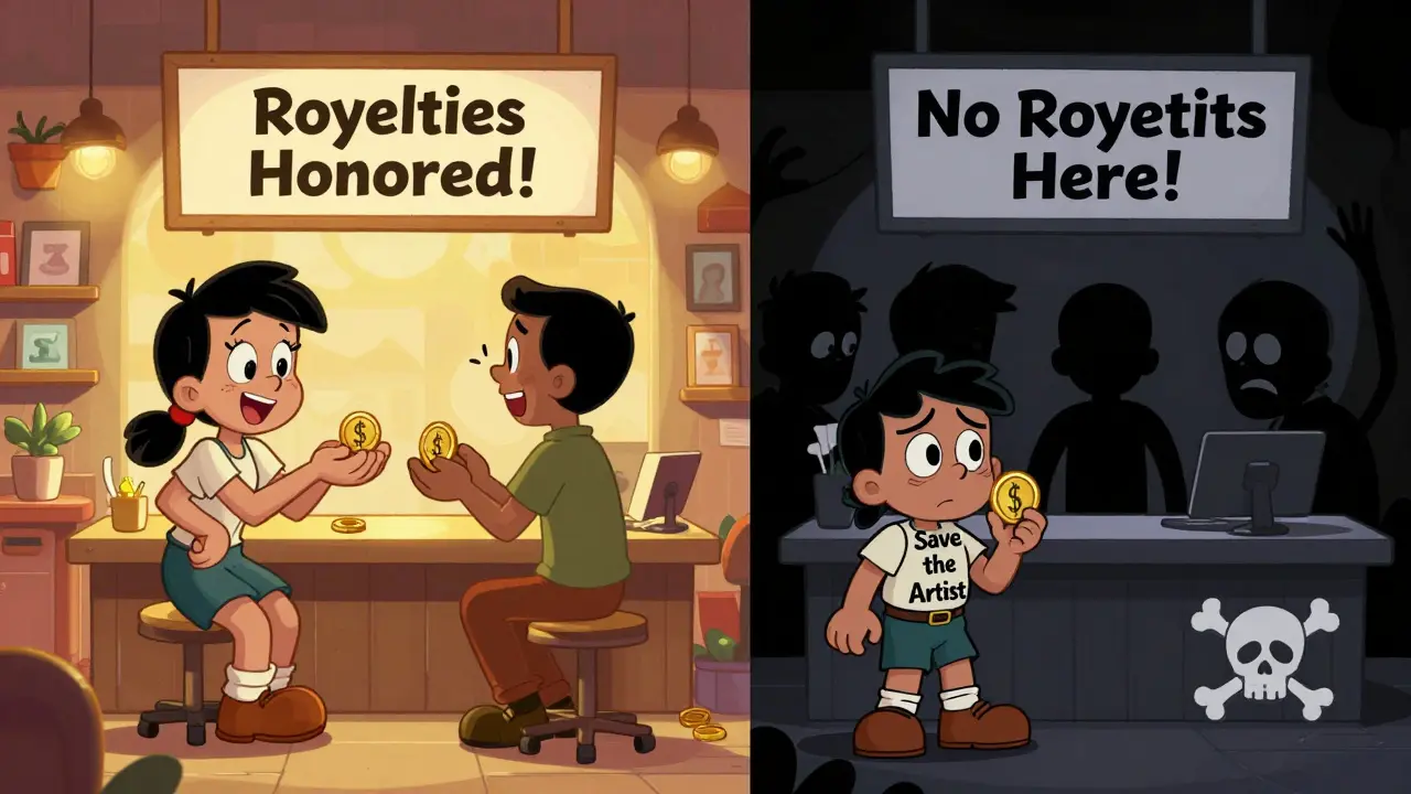 Two contrasting NFT marketplaces: one with happy buyers paying artists, another with shadowy figures avoiding royalties.