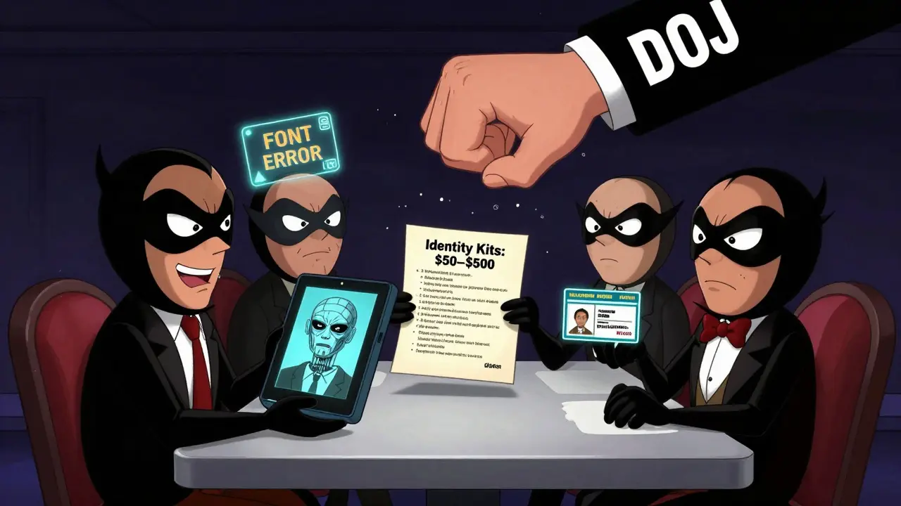 Villains at a dark web diner buy fake IDs while a giant DOJ hand crushes their table.