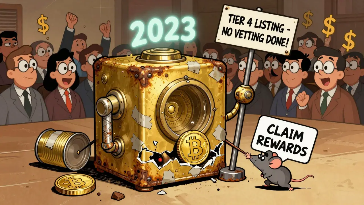 A broken Golden Vault machine leaks a single BNB coin while investors cheer, labeled 'Tier 4 Listing - No Vetting Done'.