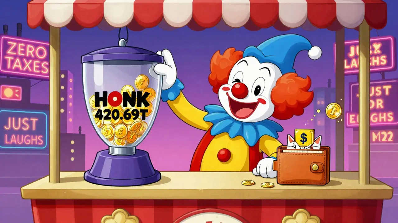 A clown mascot at a carnival booth dispensing HONK tokens in exchange for ETH from a cat-shaped wallet.