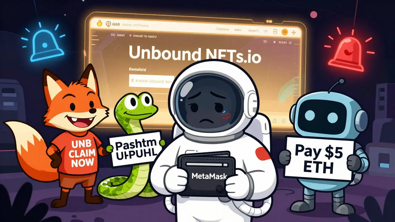 A confused astronaut surrounded by scammy cartoon characters, with a real website glowing safely in the background.
