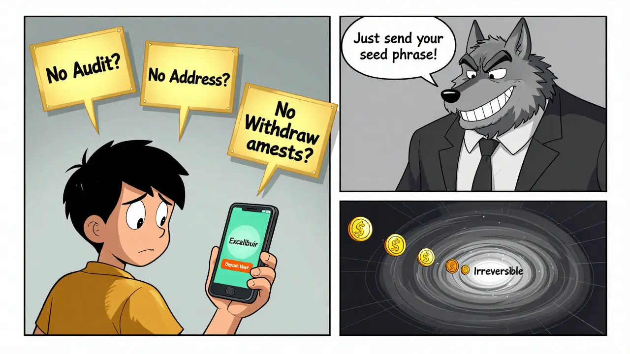 A confused user near a fake crypto site as warning signs and a wolf in a suit tempt them to hand over private keys.