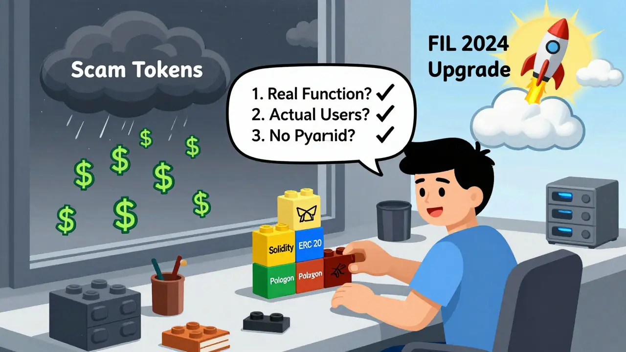 A developer building a blockchain app with labeled blocks while a storm of scam tokens rains outside.