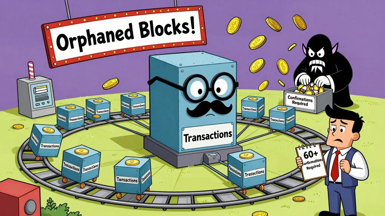 A dominant mining rig dominates a carnival-like blockchain ride as coins spill out and warnings flash.