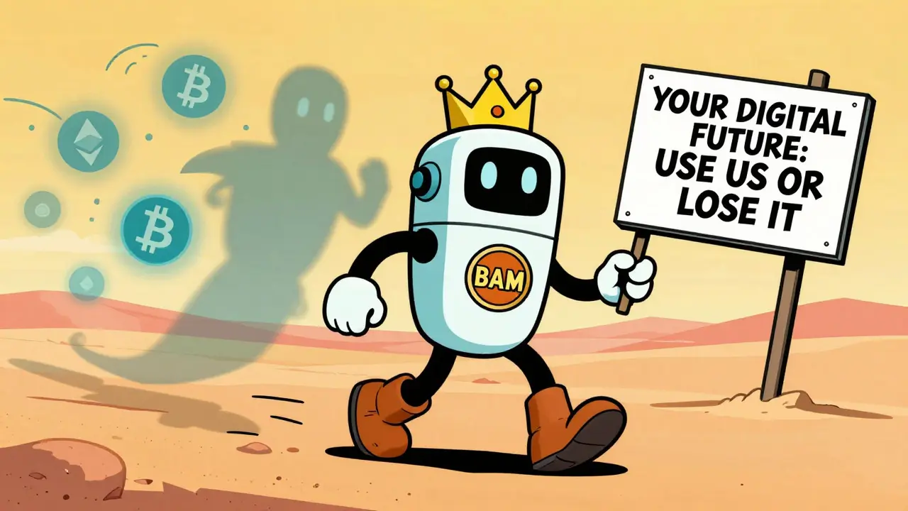 A futuristic CBDC robot strides across the desert as fading crypto icons scatter like ghosts behind it.