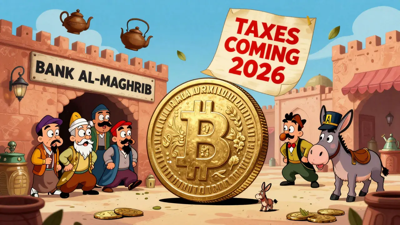 A giant Moroccan Dirham coin crushes a tiny Bitcoin while anxious citizens peek from behind a wall labeled 'BANK AL-MAGHRIB'.