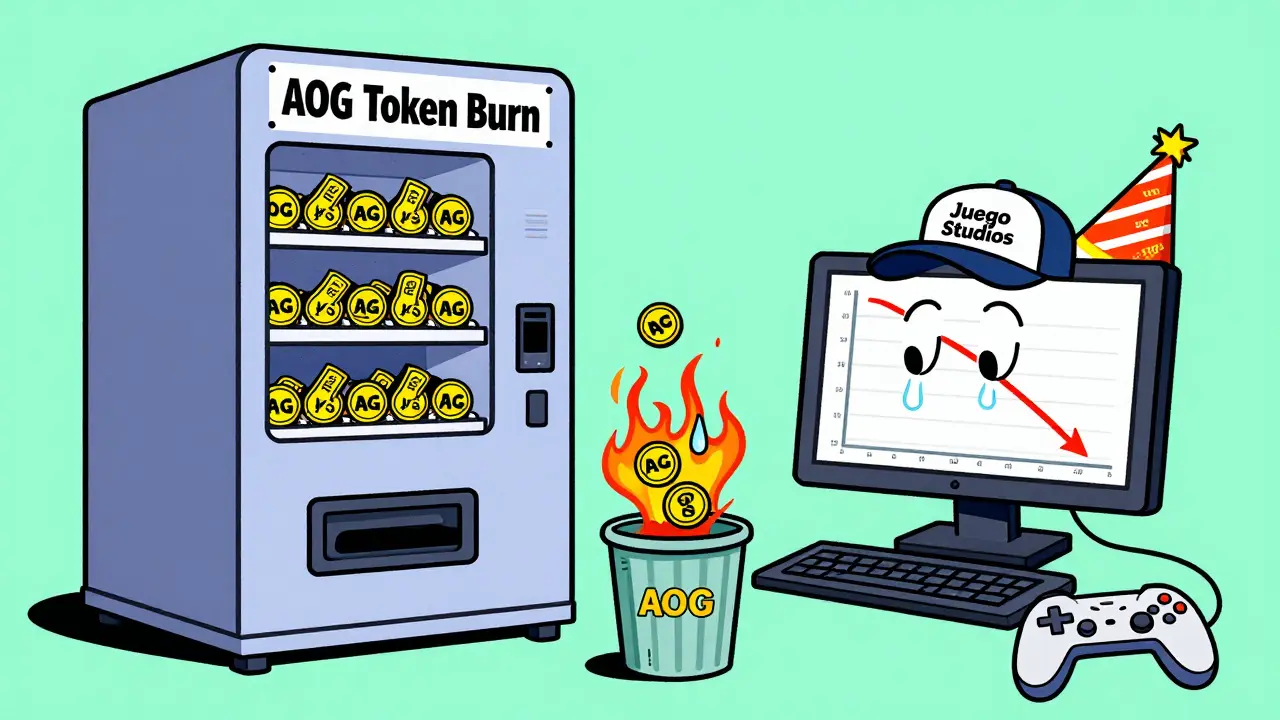 A giant token-burning machine with a depressed developer watching a crashing price chart.