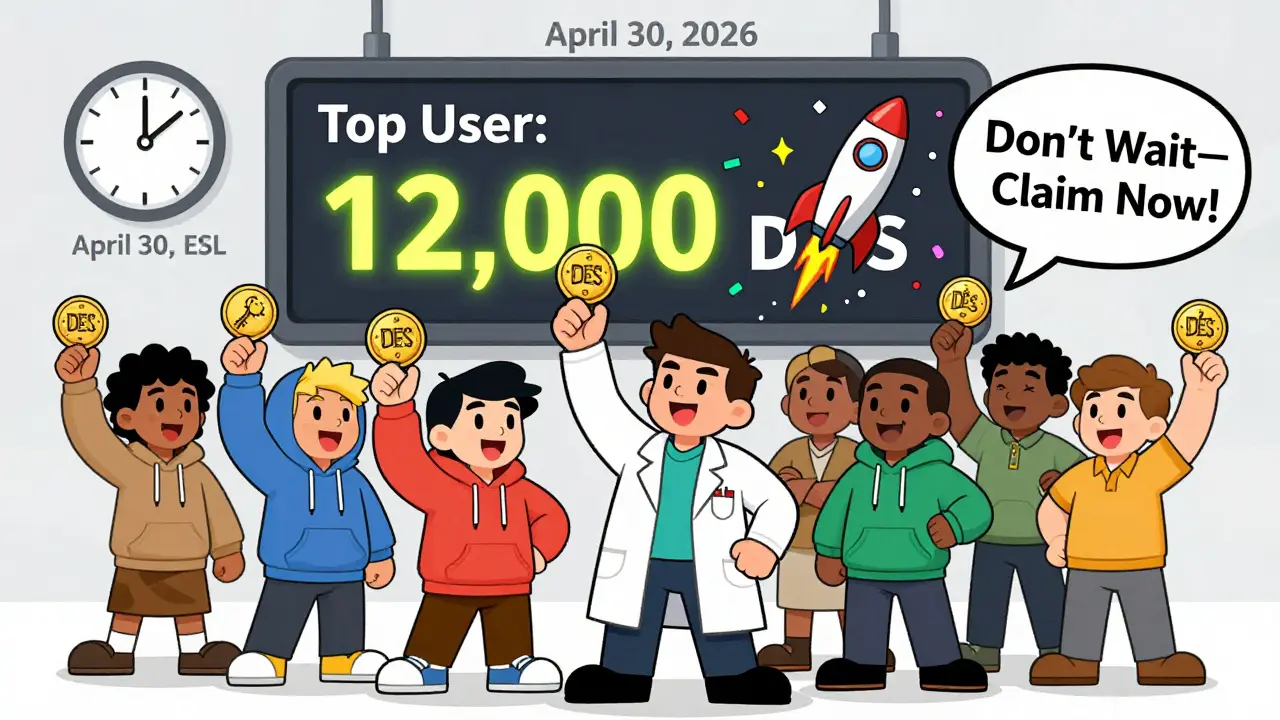 A group of cartoon users celebrate as DES tokens turn into keys and NFTs under a ticking deadline clock.