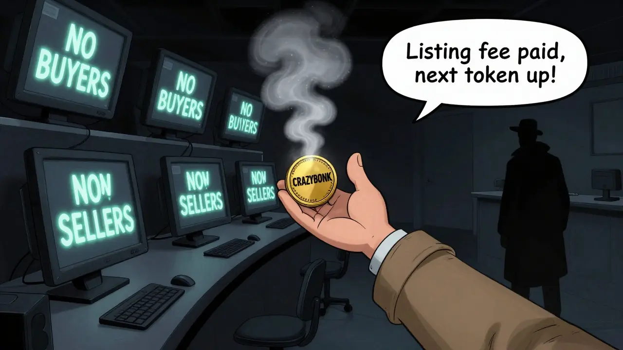 A hand reaching for CRAZYBONK as it turns to smoke in a dark, empty trading floor.