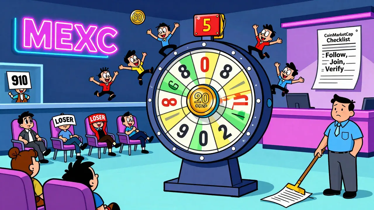 A lottery wheel spins at MEXC exchange as one person wins 50 CMP tokens, others lose.