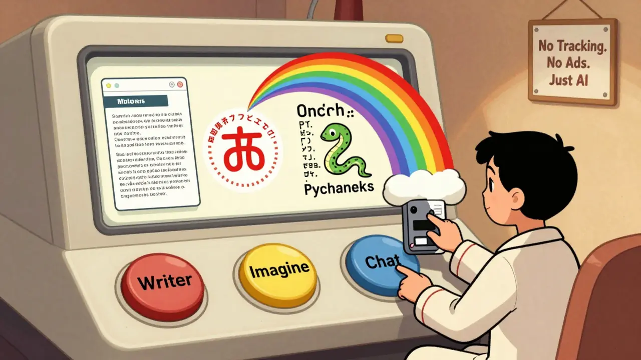 A retro-style AI interface with cartoon buttons generating text, images, and code.