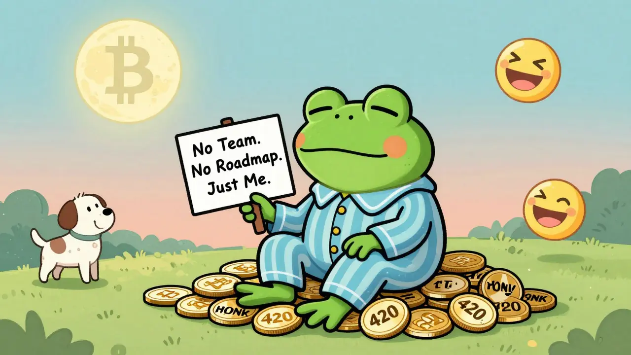 A sleepy clown frog sitting on a mountain of HONK tokens with a sign saying 'No Team. No Roadmap. Just Me.'