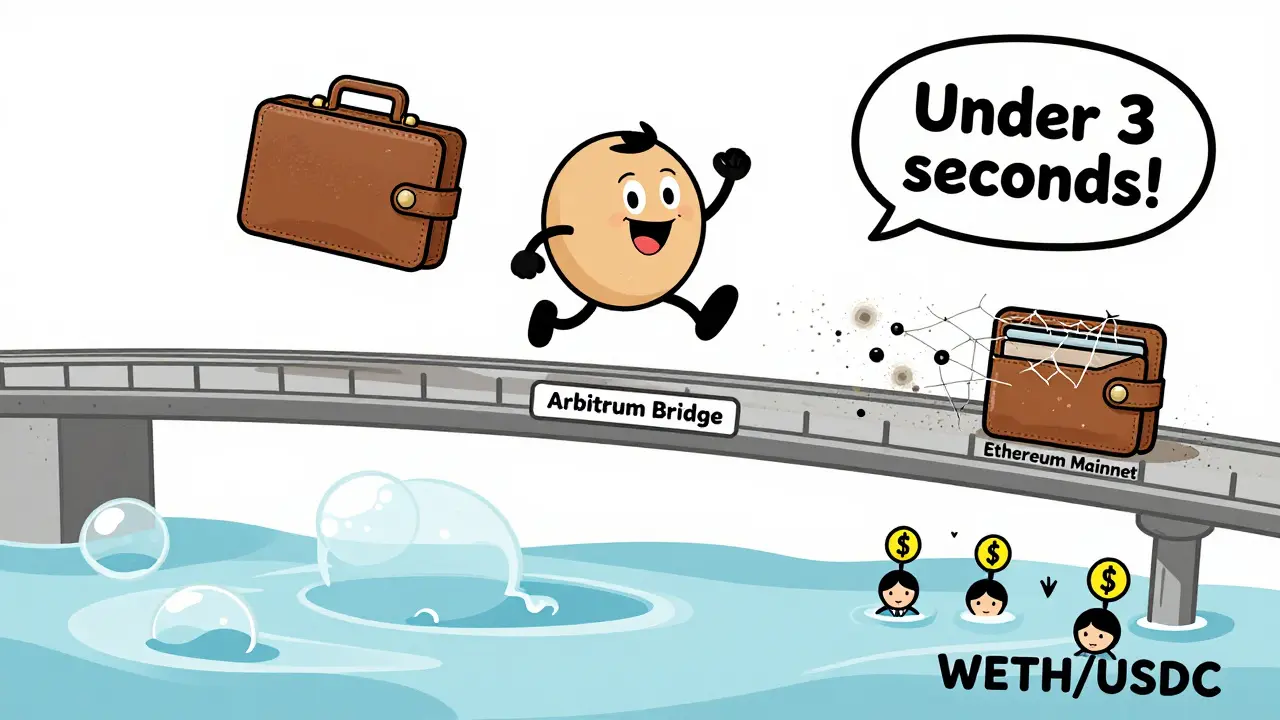 A smiling wallet jumps across a bridge to Arbitrum while a slow Ethereum wallet gets left behind.