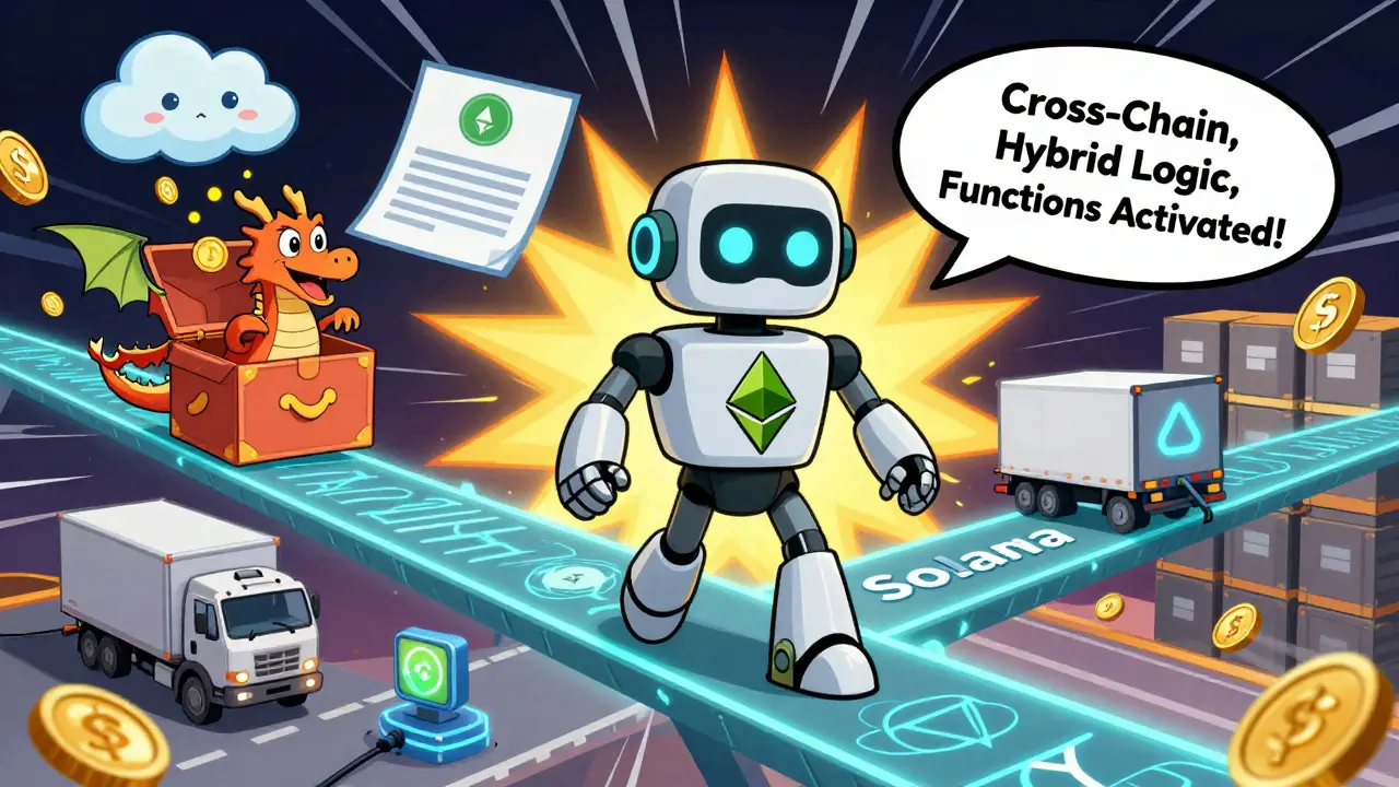 A superhero robot with a LINK emblem stands on a bridge connecting two blockchains, with playful scenes of NFTs, weather, and delivery trucks around it.