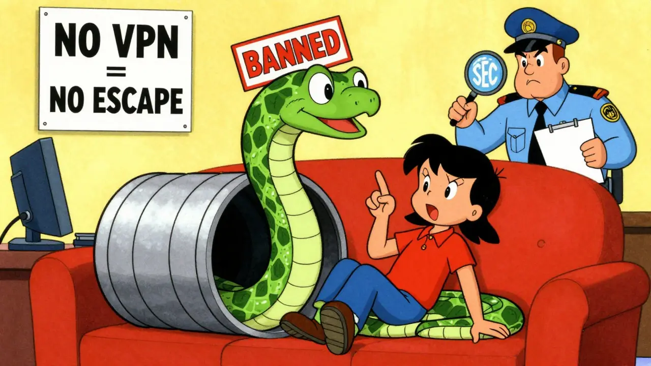 A user tries to use a VPN snake while an SEC officer watches, in classic cartoon style.