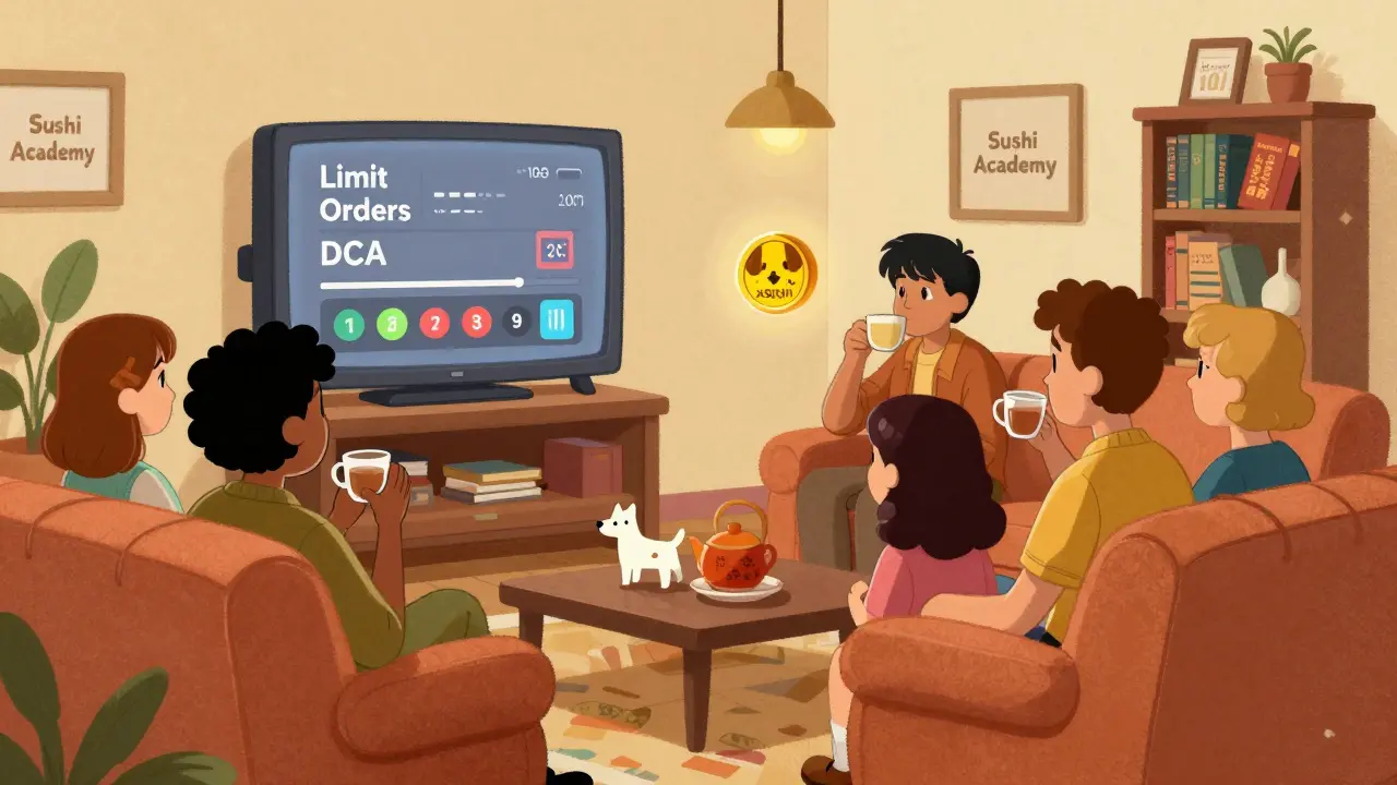 Animated users relax in a DeFi living room watching automated Limit Orders and DCA timers, with xSUSHI as a pet-like token.