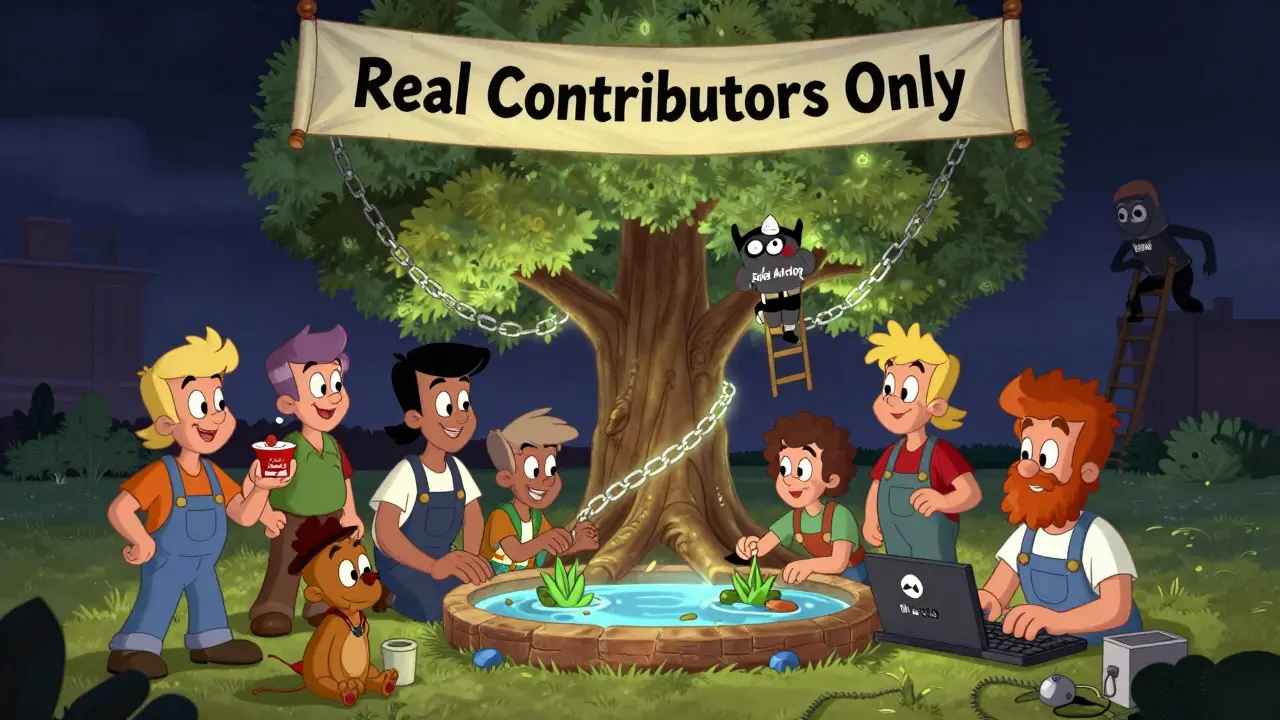 Creators gathered around a multi-chain NFT tree, with a scammer trying to climb it in the distance.