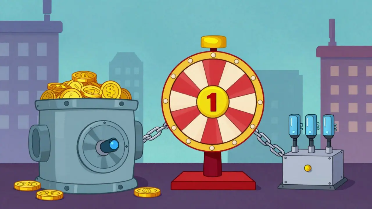DeFi vault, lottery wheel, and factory connected by chain links in cartoon cityscape