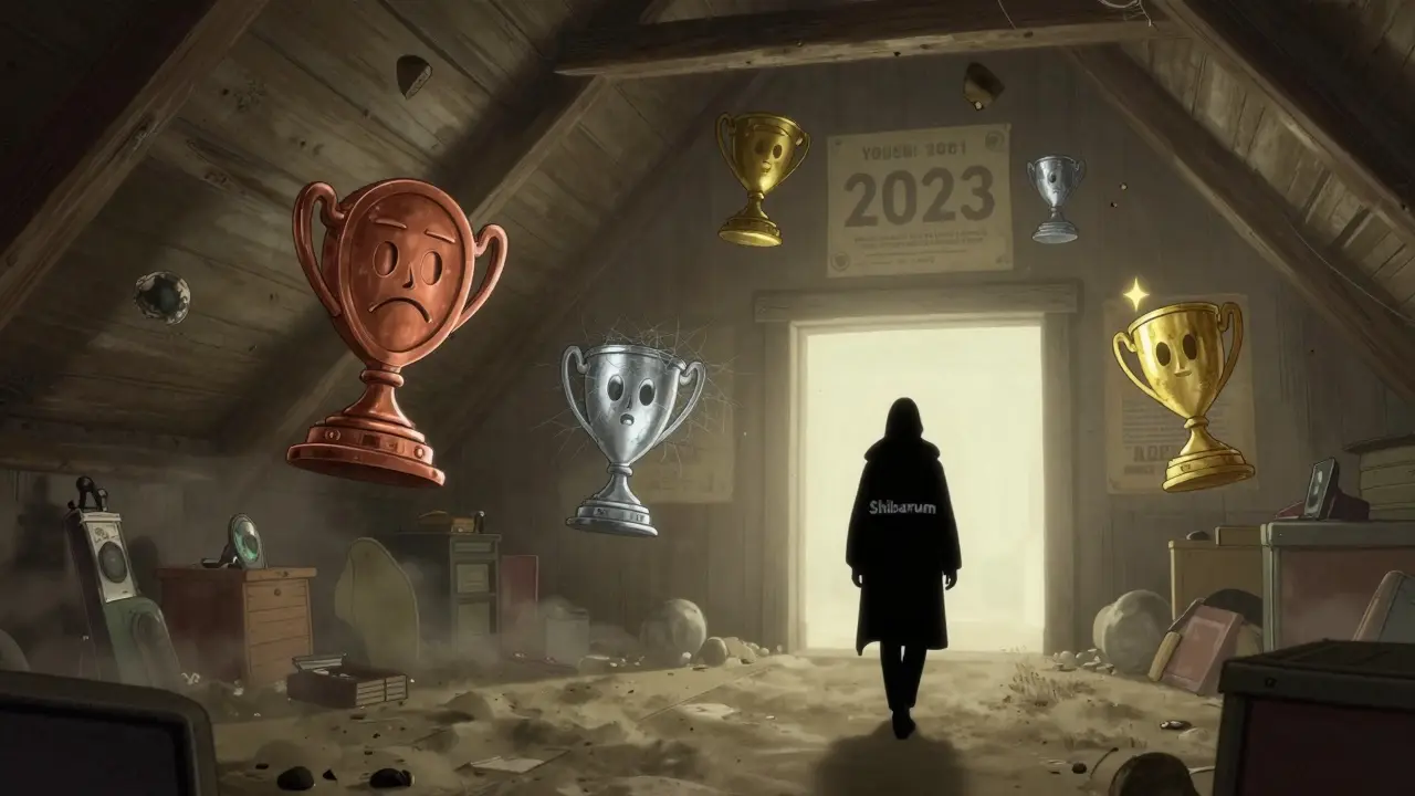 Forgotten NFTs floating in a dusty attic as Shibarium moves on into a glowing portal.