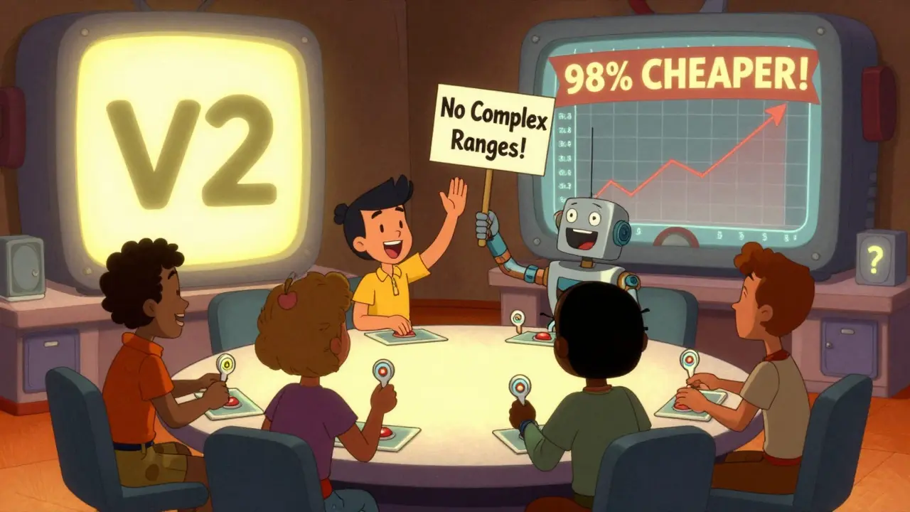 Friends swap tokens easily on a retro trading desk with a 'No Complex Ranges!' robot nearby.