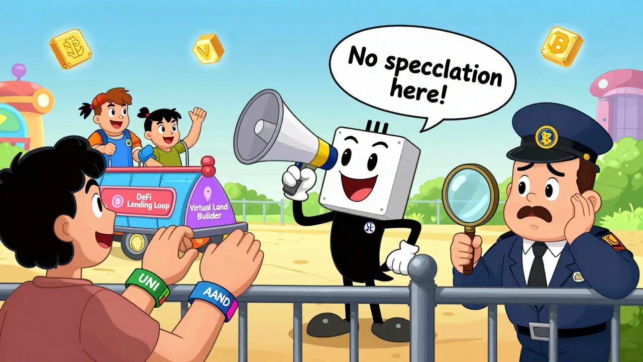 People in a digital theme park using token wristbands to ride blockchain-themed rides with a confused regulator watching.