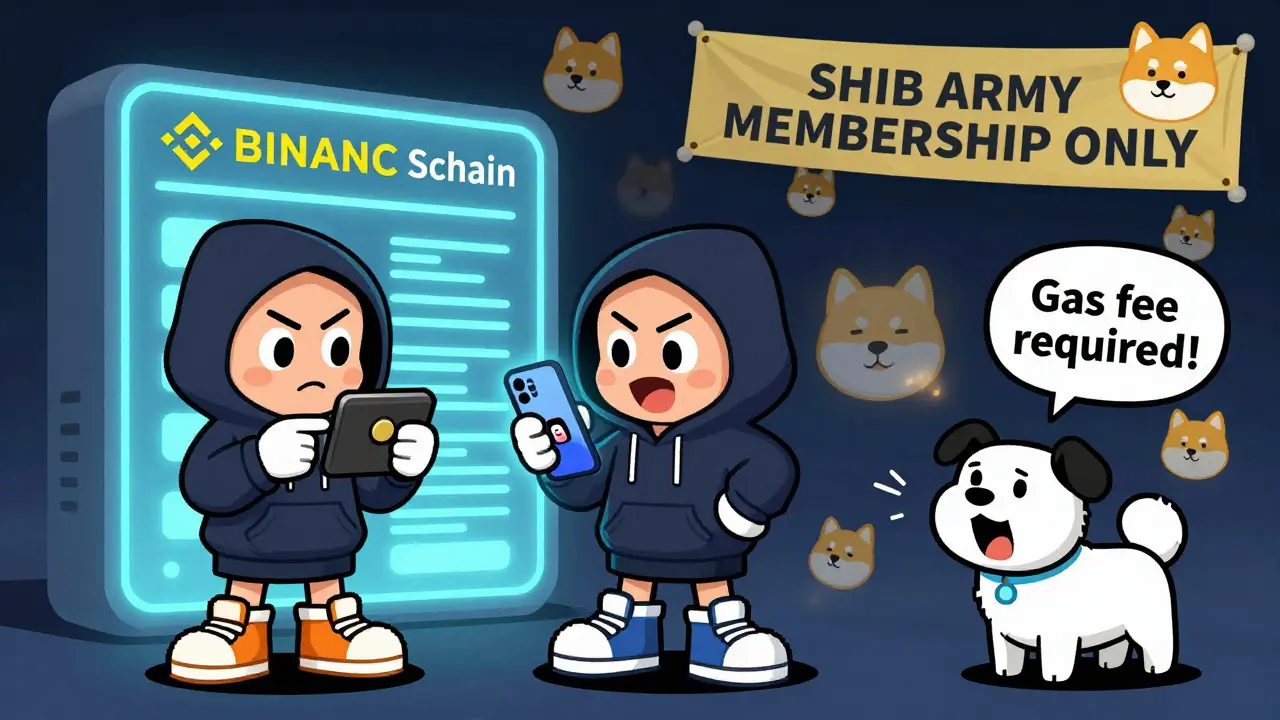 Quirky crypto fans interacting with a BSC wallet terminal as a robotic dog warns of gas fees.